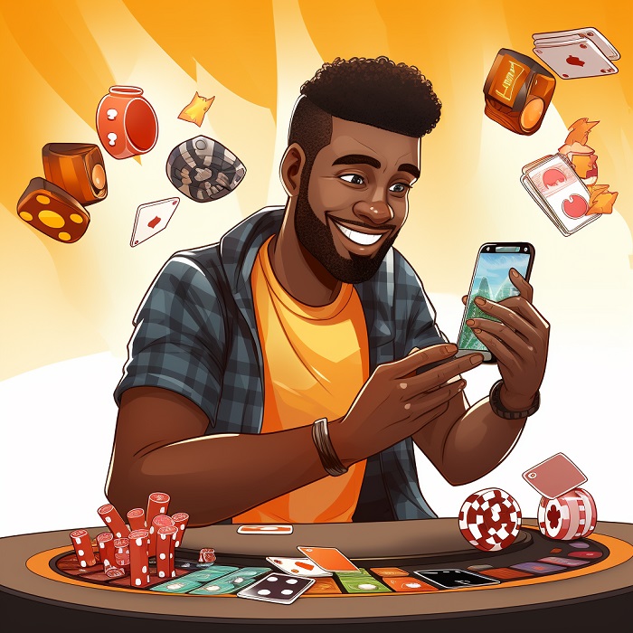 Man playing casino games in his mobile.